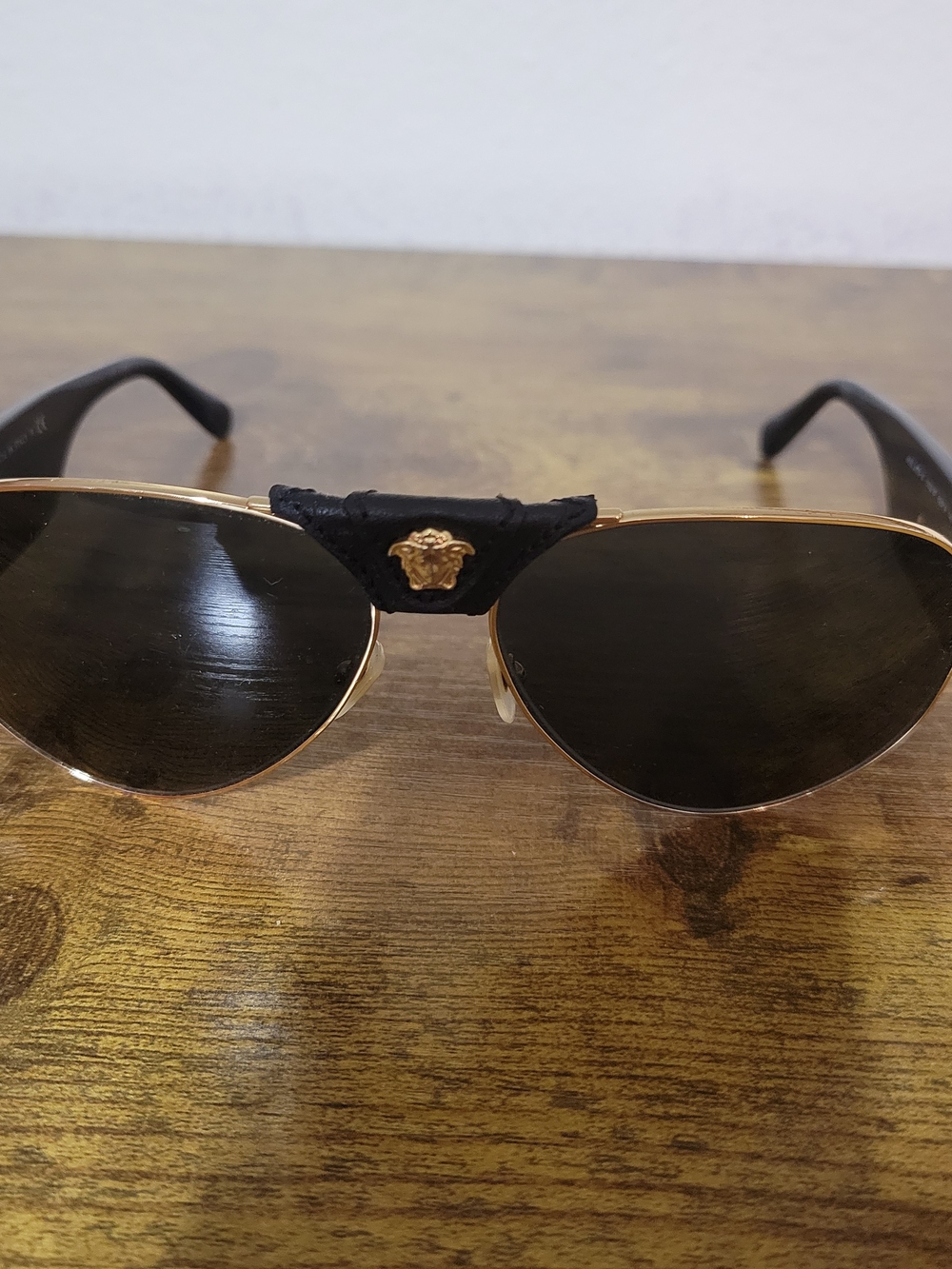 Versace Black Lenses Gold-Trim Aviator Sunglasses with Medusa Accent